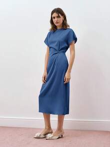 Maija Vestido casual de cintura ajustada con cuello redondo y manga corta, unicolor, con pliegues hasta la pantorrilla, adecuado para vacaciones, trabajo y uso casual, vestido de satén elegante - Azul - Ver 5
