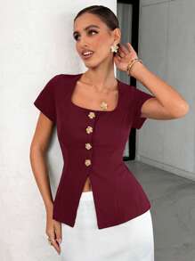 Lavishia 女士方领金属花朵纽扣背心，时尚优雅夏季女装度假休闲商务休闲可爱夏季女式衬衫 - 酒紅色 - 查看 8
