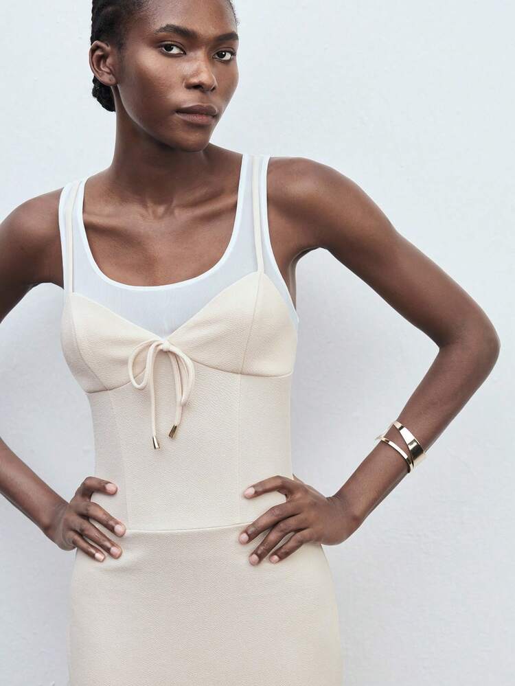 SHEIN Maija Women's Casual Khaki Midi Dress: Sleeveless Scoop Neck Knitted Semi-Sheer Dress With Zipper Detail