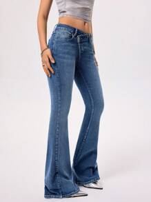 Rivivi 女式不对称腰部喇叭牛仔裤 - 藍色 - 查看 3