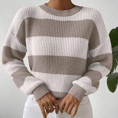 Maglione a girocollo con spalle a goccia a righe e colore a contrasto, maglioncino a maniche lunghe lavorato a maglia, per l'autunno e l'inverno