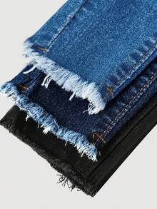 SHEIN 年轻女孩休闲磨边口袋水洗牛仔裤