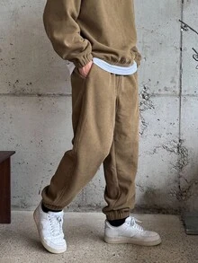 DAZY Men's Autumn Half-Zip Textured Fabric Pullover Sweatshirt & Pants Set - Khaki - View 8