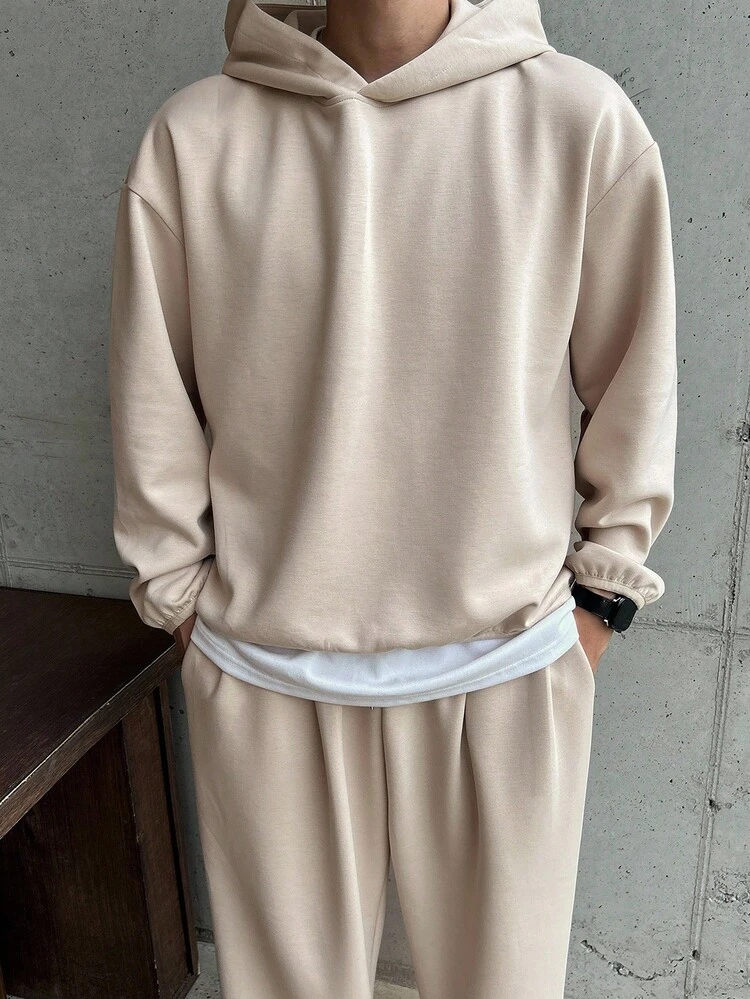 Men's Solid Color Khaki Hoodie Set, Autumn