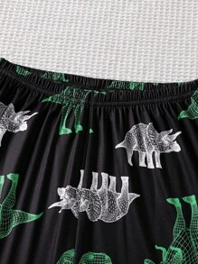 SHEIN 2 件青少年男孩短袖睡衣套装，轻盈酷炫恐龙印花，带有可爱恐龙和字母图案的衬衫，全身恐龙印花的裤子 - 黑色 - 查看 7