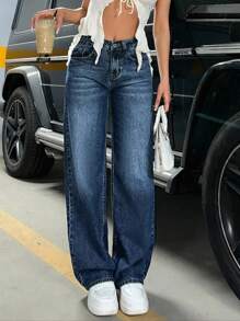 EURMUSE 100%Cotton LOW WAIST WIDELEG DARK WASH - Dark Wash - View 2