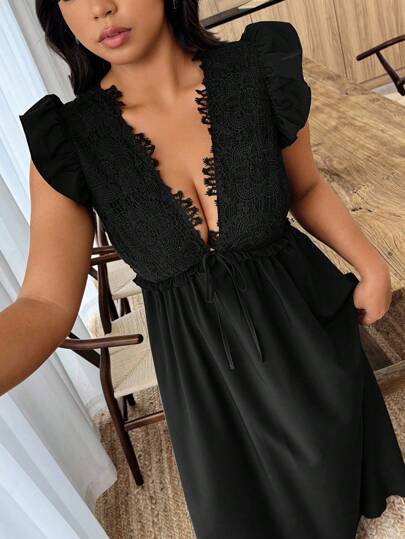 Weeklong Plus Size Solid Color Deep V-Neck Cap Sleeve Elegant Dress