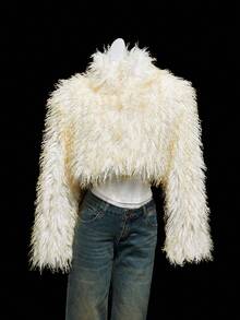 SHEIN ICON Women's Faux Fur Cropped Jacket In Pale Yellow, Fashionable, Sexy, Minimalist, Cute, Retro Style For Autumn/Winter Faux Fur Coat Faux Fur Jacket Cropped Fur Jacket Shrug Halloween Party - Yellow - View 6