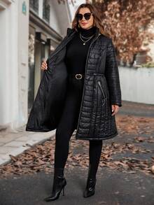 SHEIN Clasi Áo khoác dài chần bông có khóa kéo cỡ lớn dành cho nữ, mùa thu/đông - màu đen - Xem 11