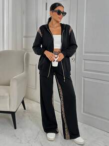 SHEIN Cottnline طقم من البلوفر ذو الأبواب والبنطلون الرياضي طراز نمر تلاميع متعدد القطع. مريح للخريف - الأسود - مشاهدة 4