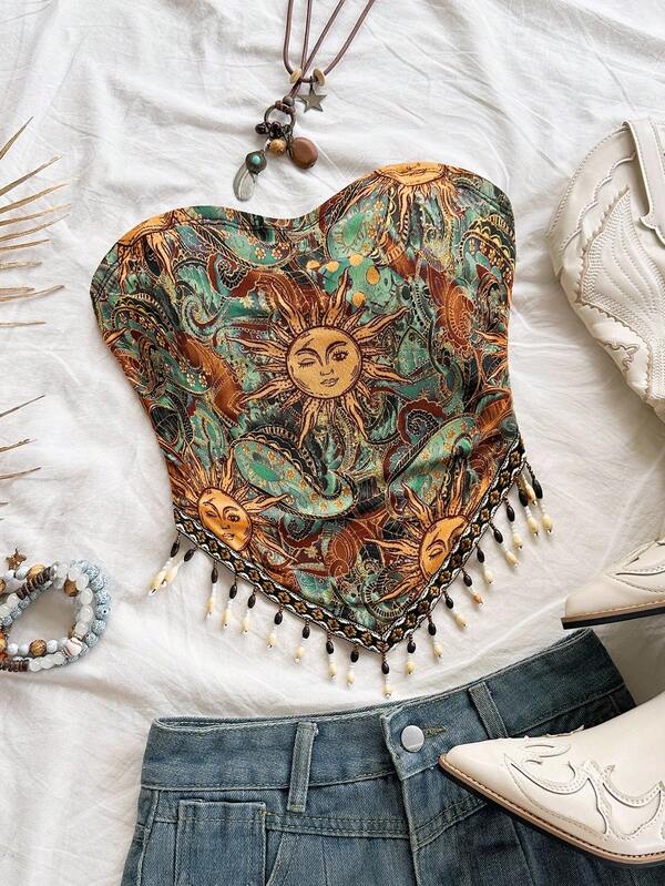 Soleia Parte superior de halter de punto con estampado de retazos y cuentas, adecuada para fiesta, Navidad, cita, discoteca, playa, crucero, té de la tarde, estilo bohemio, vacaciones, otoño