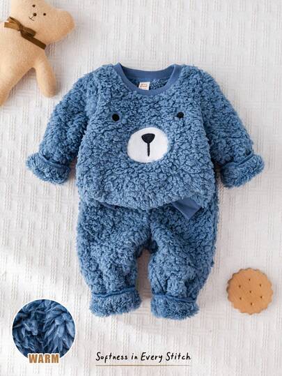 Cozy Pixies 两件套男婴卡通熊图案保暖内衬可爱圆领长袖连帽卫衣和弹力腰束脚裤套装，秋冬季