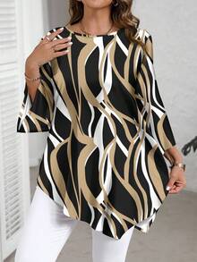 EMERY ROSE 大码休闲条纹几何图案圆领七分袖衬衫，春秋季 - 黑色 - 查看 1