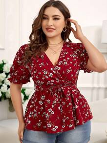 Reflora 大码花卉印花短袖衬衫，裹身款式，V 领，适合夏季 - 紅白色 - 查看 1