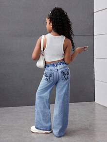 SHEIN Tween-Mädchen Y2K Leicht verwaschene Baggy-Denim-Hose mit geradem Bein und süßer Tasche mit Schleifenmuster, Boho-Urlaub im Sommer, lässige Rave-Outfits für Sommerkonzertfestivals, Outfits für Sommerbrunch und Kirchenabschluss - Mittele Waschung - Übersicht 2