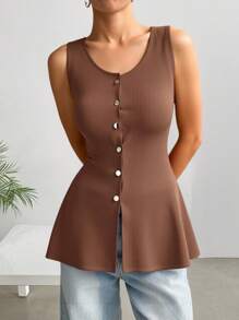 SHEIN EZwear 大码黄色针织无袖上衣，清凉夏日 - 棕色 - 查看 1