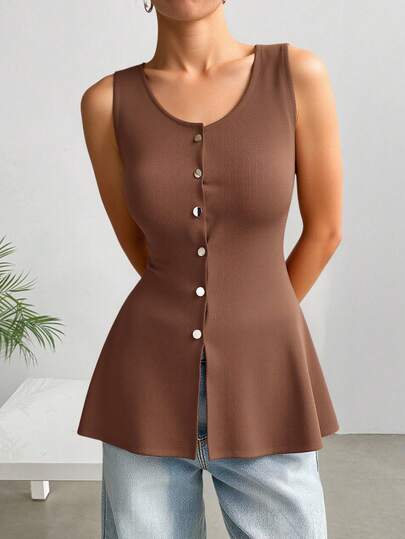 SHEIN EZwear 大码黄色针织无袖上衣，清凉夏日