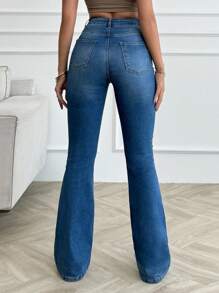 EURMUSE 98% CottonHIGH RISE FLARE FIT DESTROYED WOMEN JEAN - Medium Wash - View 2