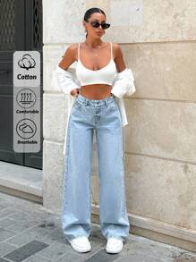 EURMUSE 100%Cotton LOW WAIST WIDE LEG LIGHT BLUE JEAN - Light Wash - View 1