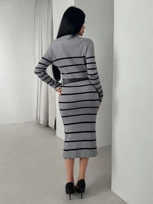 EURMUSE Vestido de punto acanalado con cinturón y rayas horizontales negras con CINTURÓN - Gris - Ver 4