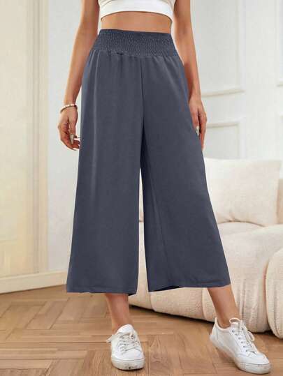 SHEIN LUNE Loose Casual Elastic Waist Wide Leg Capri Pants