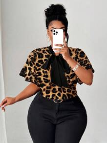 Maweii 大码女式优雅浪漫心形印花衬衫，蝴蝶结领，荷叶边和撞色边缘，适合约会和派对的全新春夏设计