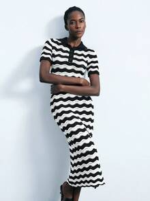 Maija 2025 Black & White Contrast Color Knitted Long Dress For Women Black And White Dress Women Knit Dress Women Polo Dress Mod Dress Autumn And Winter Women's Dress Featuring Artistic Stripes, Geometric Shapes, And A Unique Designer Style-An Ideal Choice For Halloween Parties. - Black and White - View 7