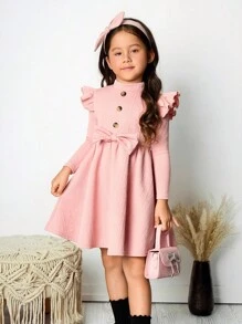 SHEIN 年轻女孩休闲复古优雅立领纹理提花纽扣系带长袖宽裙连衣裙。长袖连衣裙。秋季连衣裙。派对连衣裙。简单休闲，可爱优雅。秋季连衣裙。日常穿着。适合秋冬。 - 粉色 - 查看 8