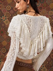 SHEIN x Rafa Kalimann Easelle 复古游牧民族荷叶边喇叭袖圆领女式衬衫 - 杏色 - 查看 8
