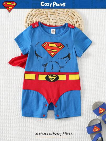 SUPERMAN X Cozy Pixies Set de 2 piezas de pelele y capa con gráfico para bebé niño, de punto suave y cuello redondo de manga corta