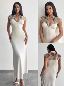Firerie Robe longue évasée élégante et raffinée, romantique, mode, pour rendez-vous, soirée, vacances, 2 en 1, broderie, maille transparente, col V, taille haute, ourlet parapluie, abricot, robe de graduation - Nude - Voir 2