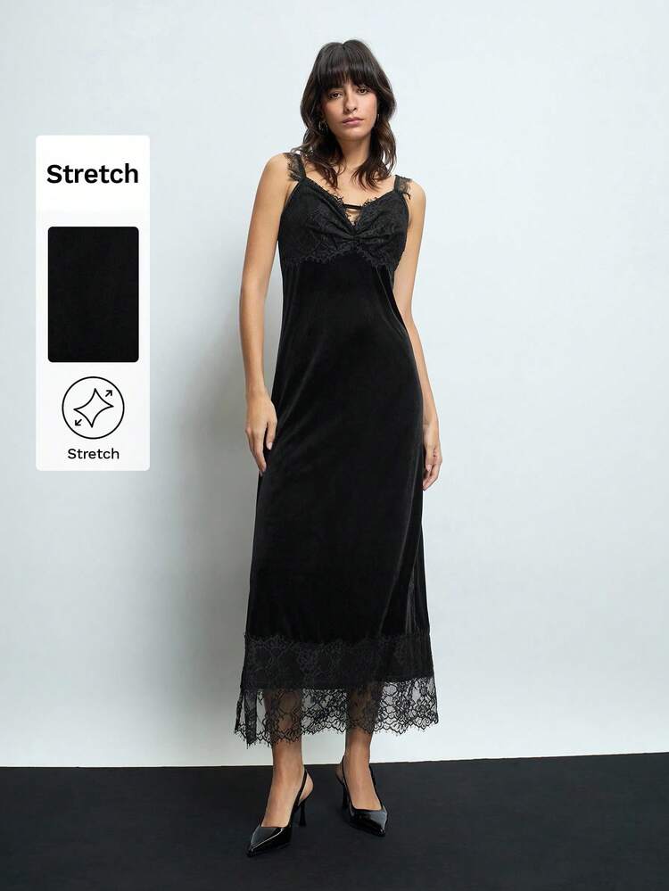 SHEIN Maija Women's New Year Party Lace Splicing Velvet Long Black Dress, Party Wear Valentines Day,Festival