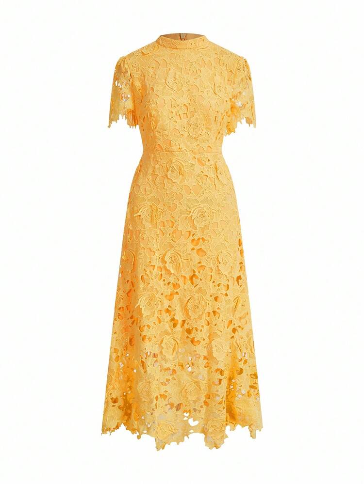 Women Summer Elegant Solid Color Lace Dress, Ladies Elegant Zipper Short Sleeve Stand Collar Slim Fit Long Yellow Regular Sleeve All Over Print, Plain Fitted Women Dresses, Spring/Summer, Casual Daily Wear Maxi Women Outfit
