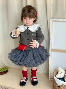 DAZY Baby Girls' Peter Pan Collar Letter Embroidery Contrast Color Casual Cute Cardigan Fall,Winter Toddler Girls Clothes - Light Grey - View 5