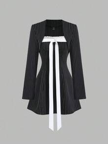 Sweetra Women's Retro Striped Blazer Design Lace Bowknot Waist Slim Fit Halter Dress Set, Elegant Style Fall Cloth For Women