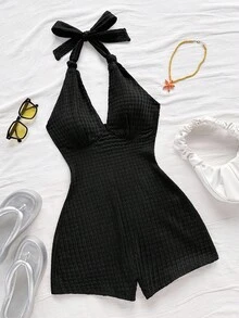 Soleia Women's Solid Color Halter Neck Jacquard Jumpsuit - Black - View 1