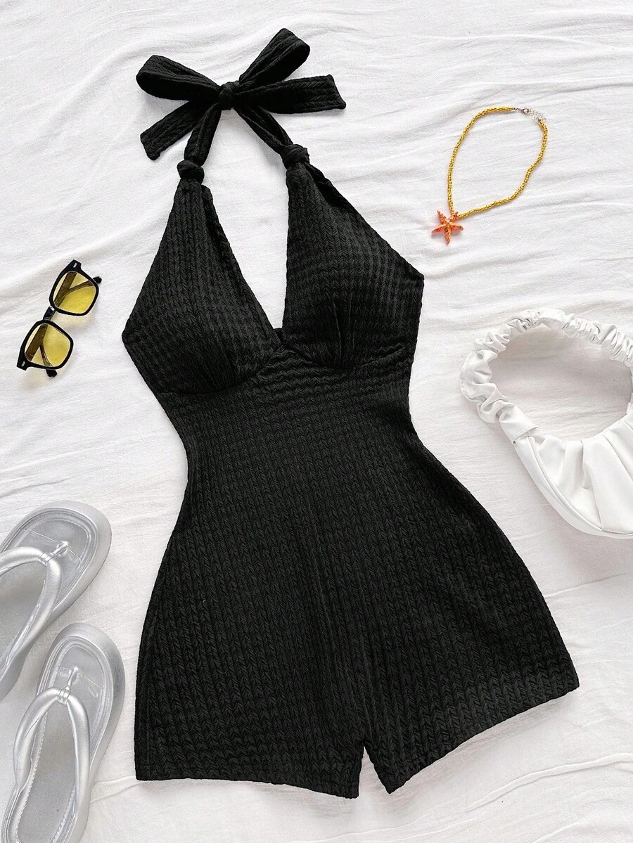 Soleia Women's Solid Color Halter Neck Jacquard Jumpsuit - Black - View 1