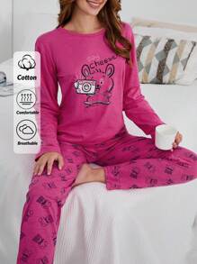 RueChic 100% Cotton 2Pcs  Animal Printed PJ Set - Hot Pink - View 1