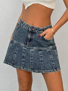 EURMUSE Váy ngắn denim xếp ly cạp giữa dành cho nữ - Rửa trung bình - Xem 4