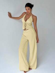 FavEase Textured Fabric Draped Neck Loose Wide Leg Pants Set - Yellow - View 5