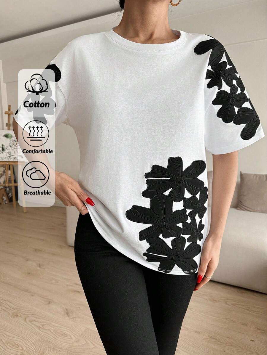 RueChic Women Flower Embroidered Oversize T-Shirt - White - View 1