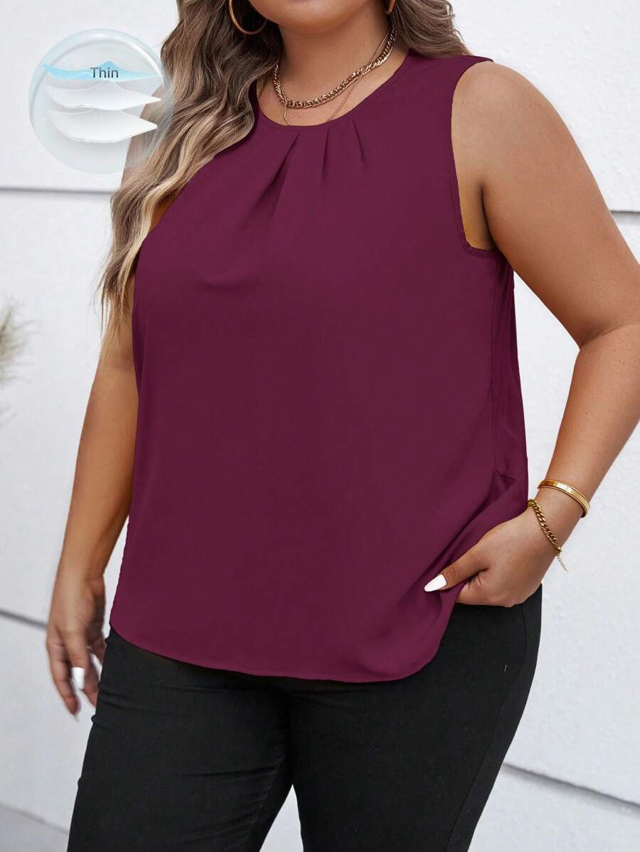 SHEIN Clasi Kemeja Kasual Tanpa Lengan Ukuran Besar Warna Polos, Musim Panas - Red Violet - View 1