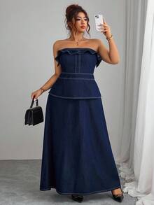 Elenzga Váy denim ống đứng màu xanh navy thanh lịch, không co giãn, mặc đi nghỉ thường ngày cho phụ nữ ngoại cỡ - Rửa tối - Xem 6