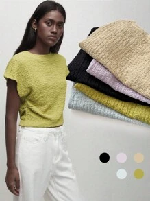 BizChic 女士纯绿色圆领休闲短袖T恤，基础款上衣，适合户外、办公室、商务休闲、优雅场合、教师着装。 - 綠色 - 查看 11