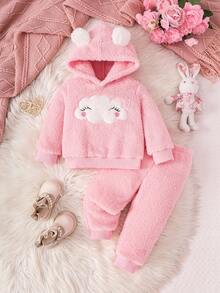SHEIN Playful Pals 2 件女婴秋冬珊瑚绒连帽衫，带云朵刺绣和珊瑚绒裤套装，适合休闲穿着、户外旅行、派对 - 粉色 - 查看 3