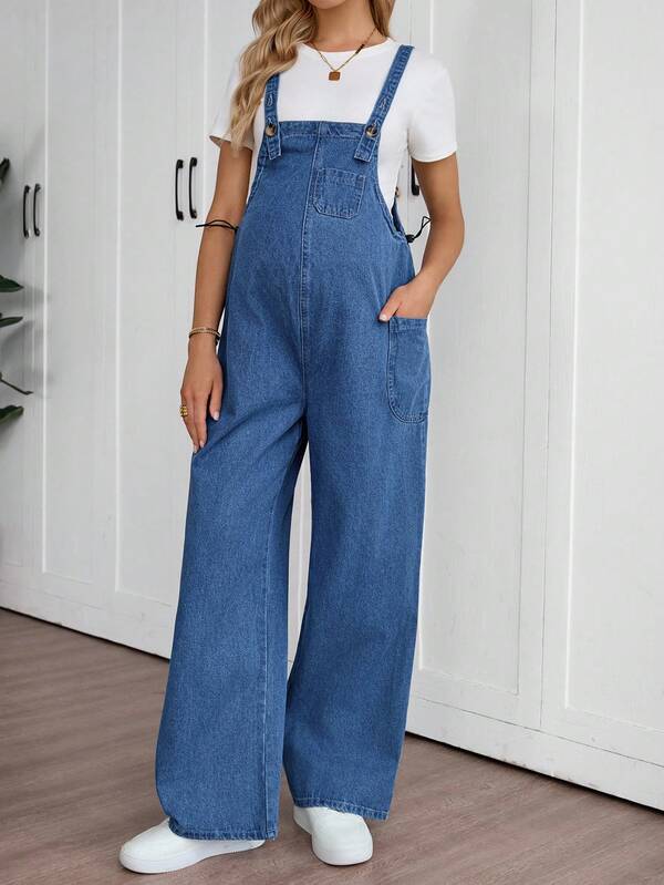 SHEIN Maternity Casual Fall Autumn Winter Halloween Christmas National Day Elegant Streetwear Birthday Outfit Night Out Going Out Club Outfit Airport Outfit Business Casual Woman Country Business Casual Woman Fashion Pocket Denim Bib Overalls Relaxed Fit Denim Overalls Comfortable Light Wash Bib Pants With Adjustable Straps Casual Plus Size Blue Jean Overalls For Women Loose Fit Denim Dungarees With Front Pocket