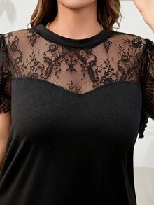 Reflora 大码女式夏季蕾丝拼布短袖上衣，外出上衣，商务休闲女装 - 黑色 - 查看 4