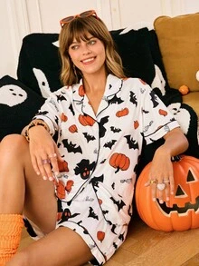 Chillnights Women's Halloween Bat & Pumpkin Print Lapel Pajama Set Cute Pajama Set For Women - White - View 4