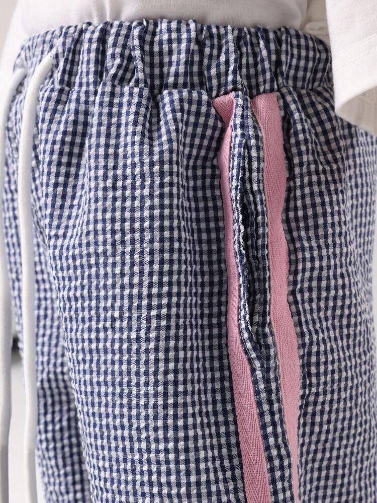 핑크 사이드 스트라이프 체크 프린트 와이드 레그 팬츠