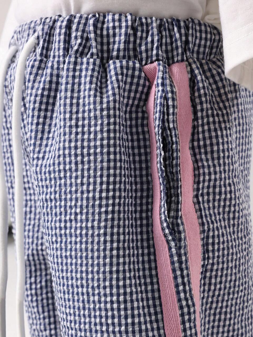 Check Print Wide Leg Pants With Pink Side Stripe